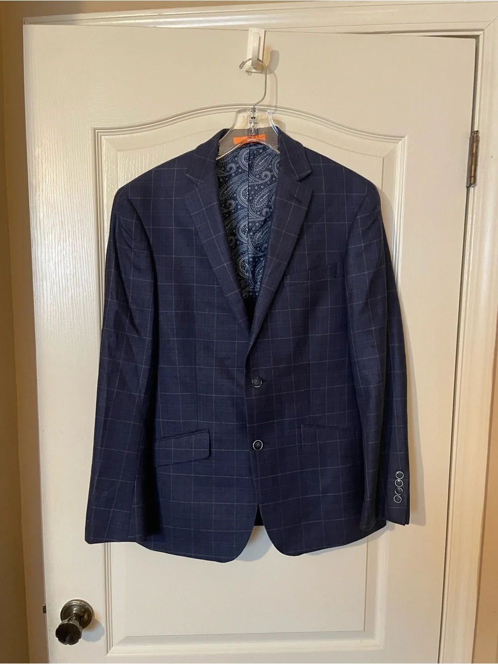TALLIA Mens Blazer 38R Navy Windowpane Wool Silk Sport Coat Paisley Linin